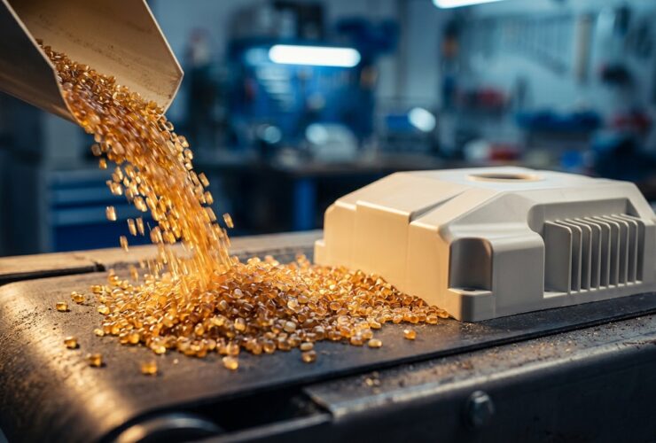 Kunststoffgranulat verwandelt sich in ein präzises Spritzguss-Bauteil auf dunkler Metallfläche