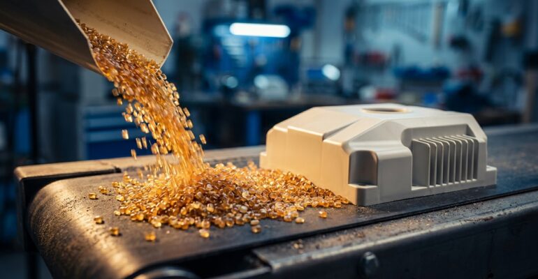 Kunststoffgranulat verwandelt sich in ein präzises Spritzguss-Bauteil auf dunkler Metallfläche