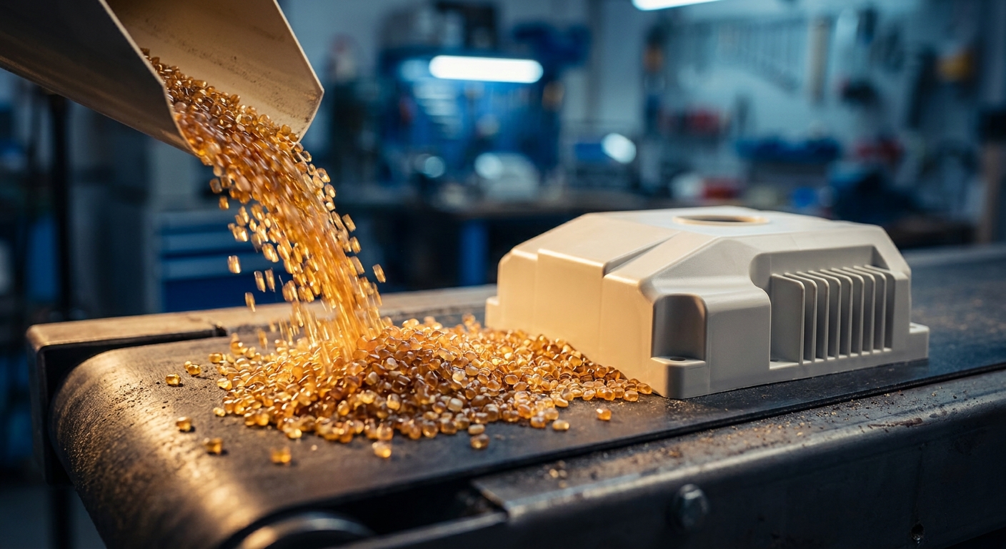 Kunststoffgranulat verwandelt sich in ein präzises Spritzguss-Bauteil auf dunkler Metallfläche