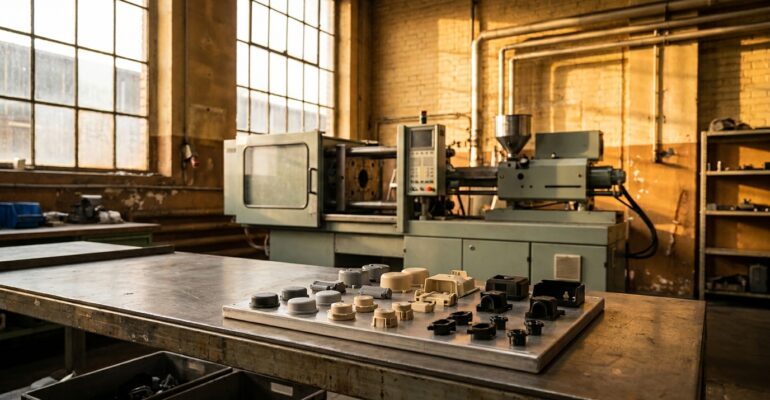 Werkstatt mit Spritzgussmaschine und präzise gefertigten Kunststoffteilen auf Arbeitstisch im Nachmittagslicht